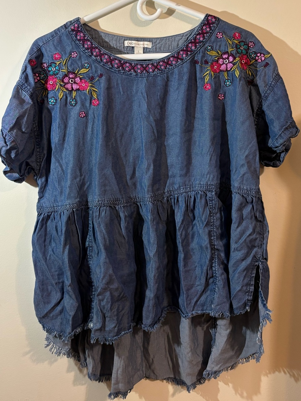 Cato denim bohemian blouse large floral embroidery neckline Peasant Top babydoll